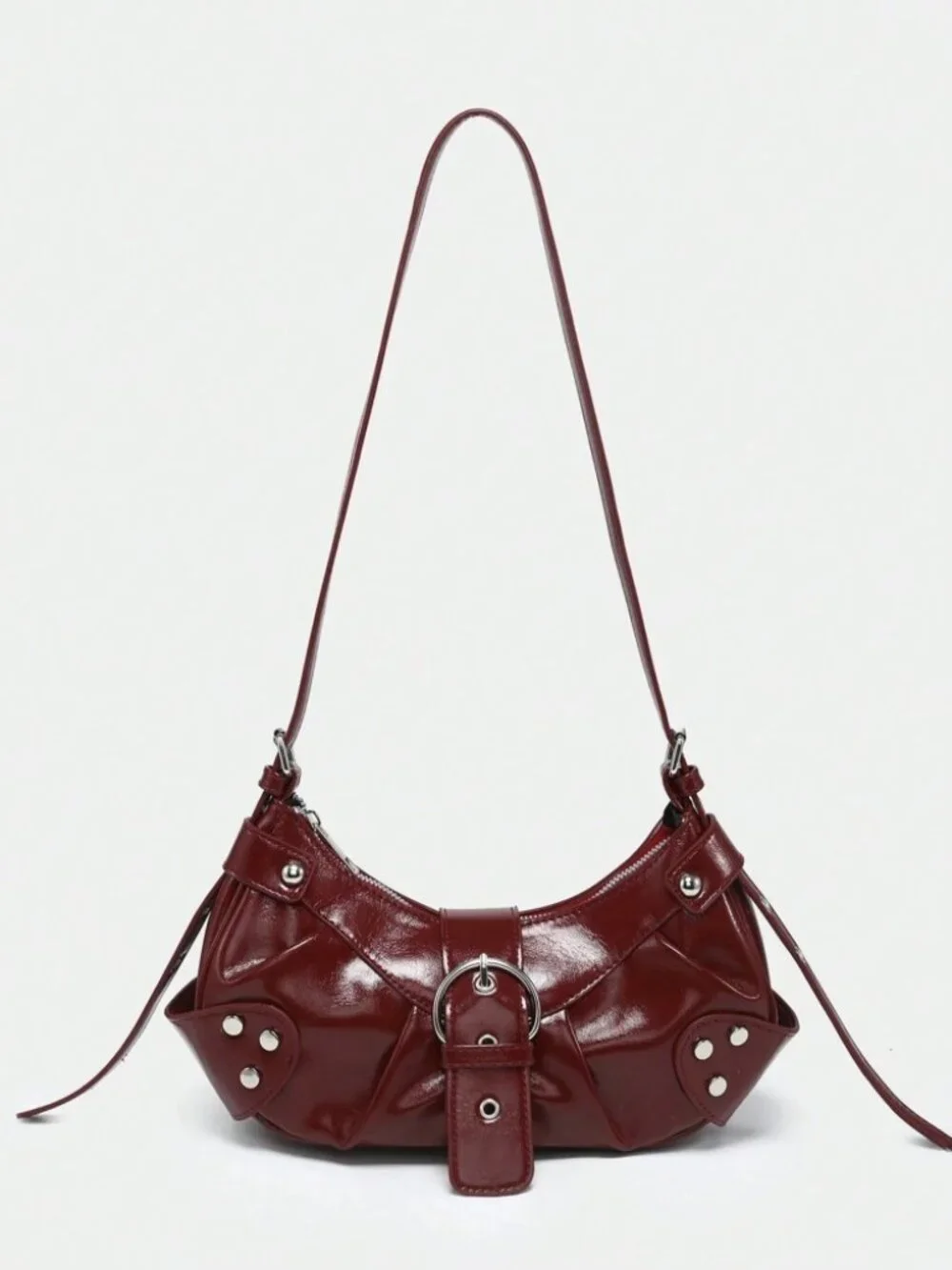 Burgundy Studded Baguette Bag Y2K Punk Vegan Leather Zip Shoulder